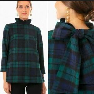 NWT Tuckernuck Blackwatch Green Blue Plaid Tartan Bow Wool Faye Blouse Top XS